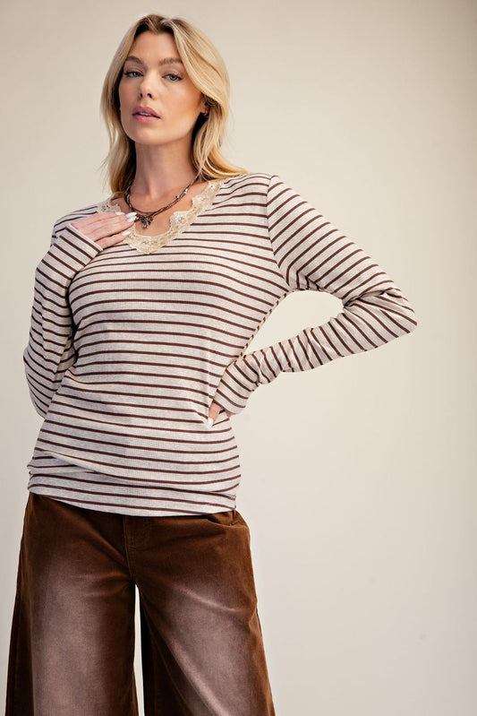 STRIPE RIB KNIT TOP - OATMEAL