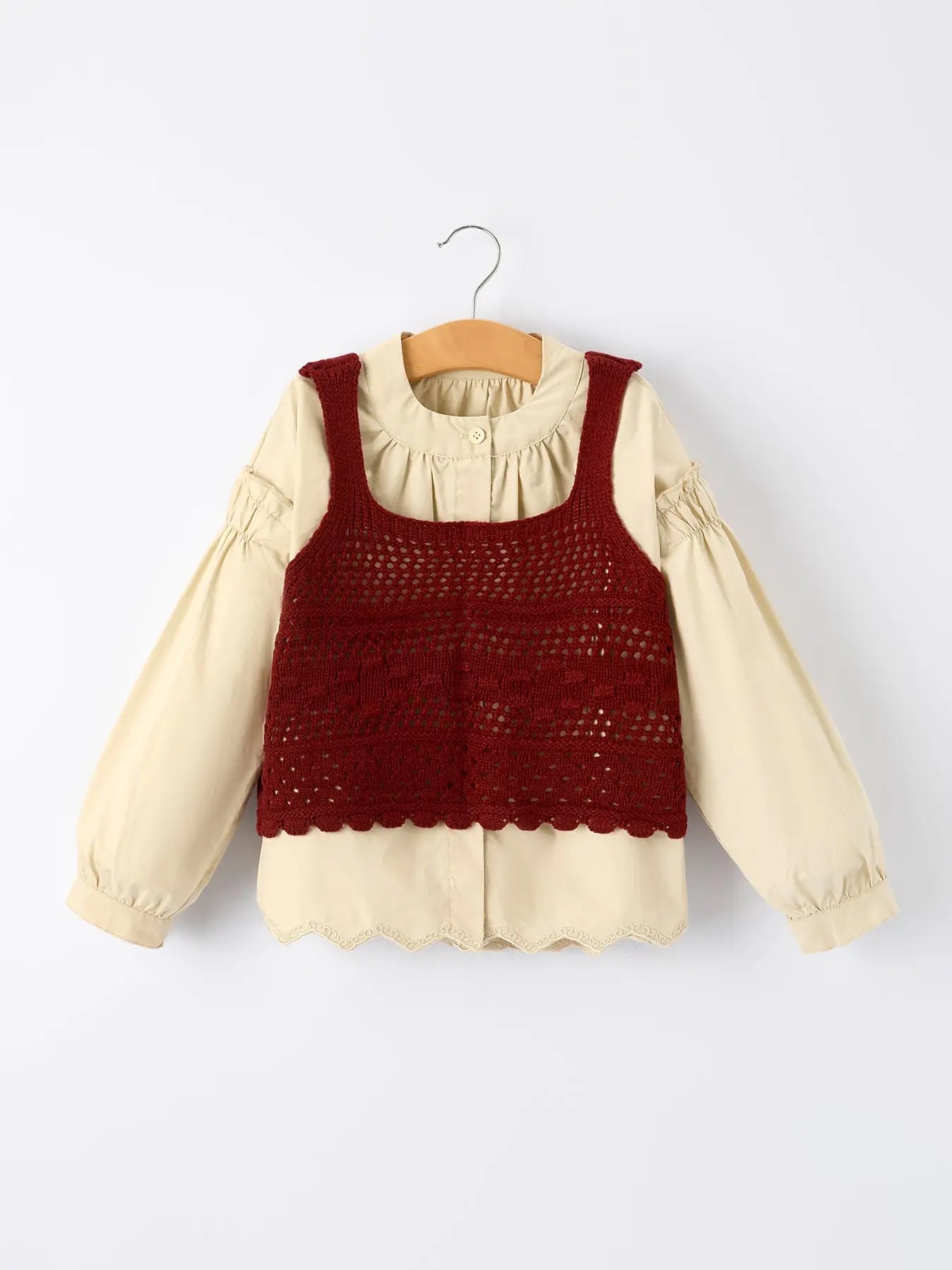 Girls' Beige Shirt and Red Vest Two-Piece Set