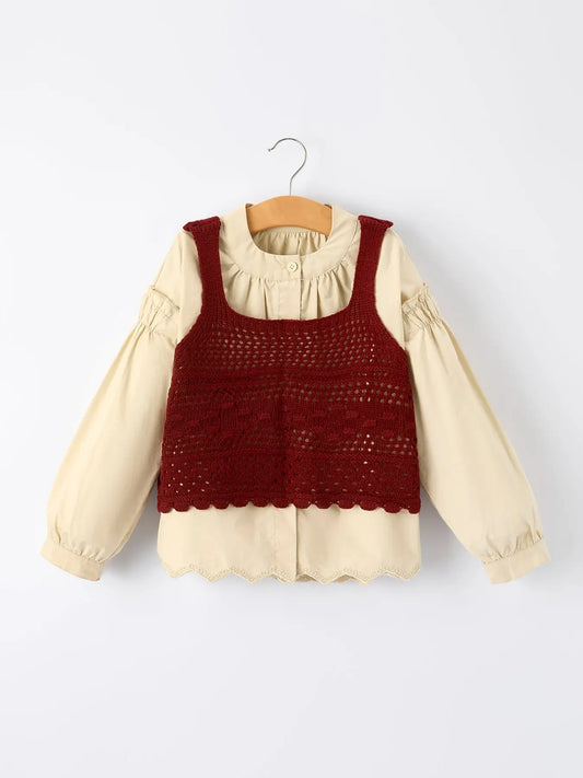 Girls' Beige Shirt and Red Vest Two-Piece Set