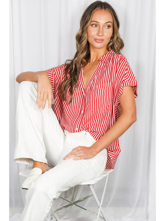 Collared Short Roll-Up Sleeve Button-Down Shirt