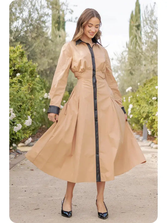 Faux Leather Contrast Poplin Long Shirt Dress