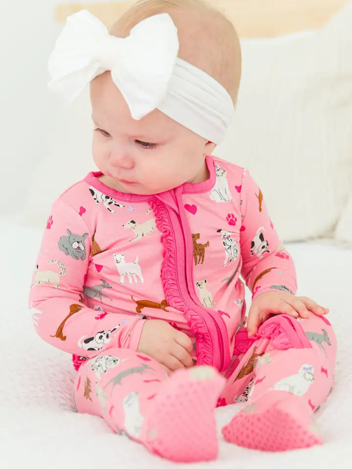 RuffleButts - Softsnooze™ Baby Girls Bamboo Viscose Pink Puppy Playtime Footed Ruffle One Piece Pajama