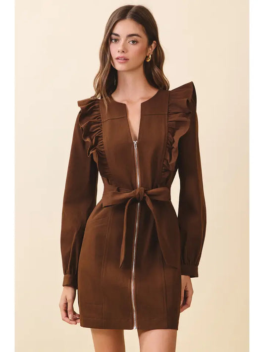 Structured Front Zipper Closures Ruffle Trim Dress