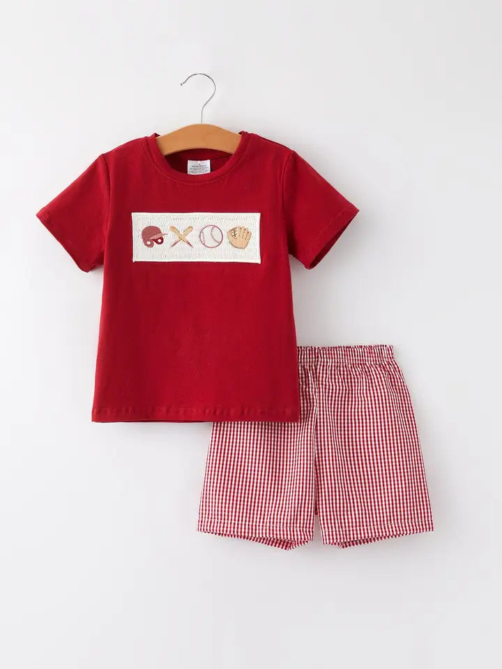 Baseball Boys Smocking Embroidered Plaid Set