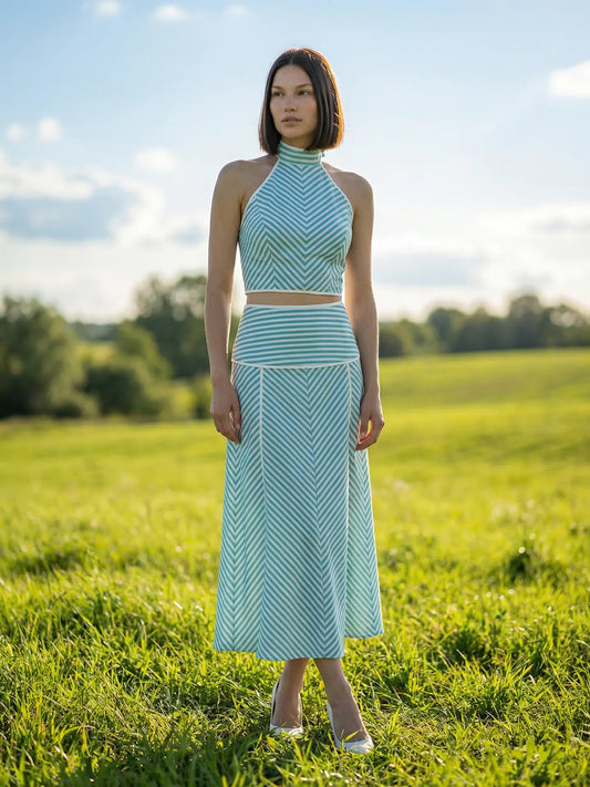 Stripe Halter Crop Top & Midi Skirt Set