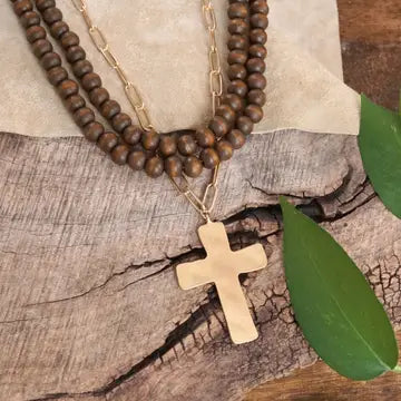 Multi Strand Wood Beads Short Statement Cross Necklace