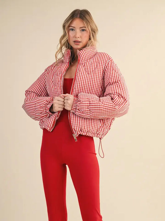 Gingham Print Puffer Jacket with Heart Shaped Quilting