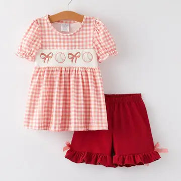 Girls Cotton Baseball Bow Smocking Embroidery Plaid Set