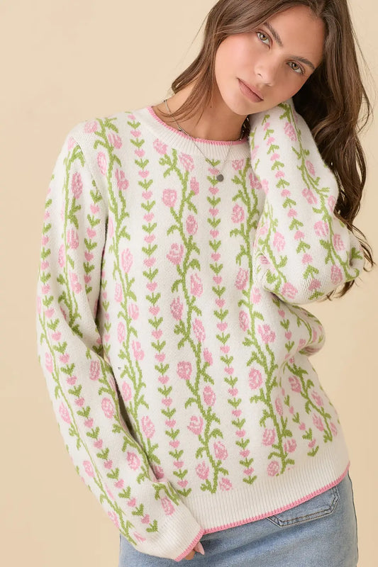 Floral Stripe Jacquard Sweater Knit Top