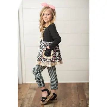 Kids Black Stripe Leopard Pocket Two Piece Fall Ruffle Set