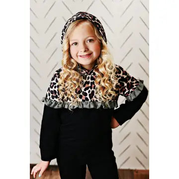 Kids Black Leopard Ruffle Hooded Sweatshirt Lounge Set