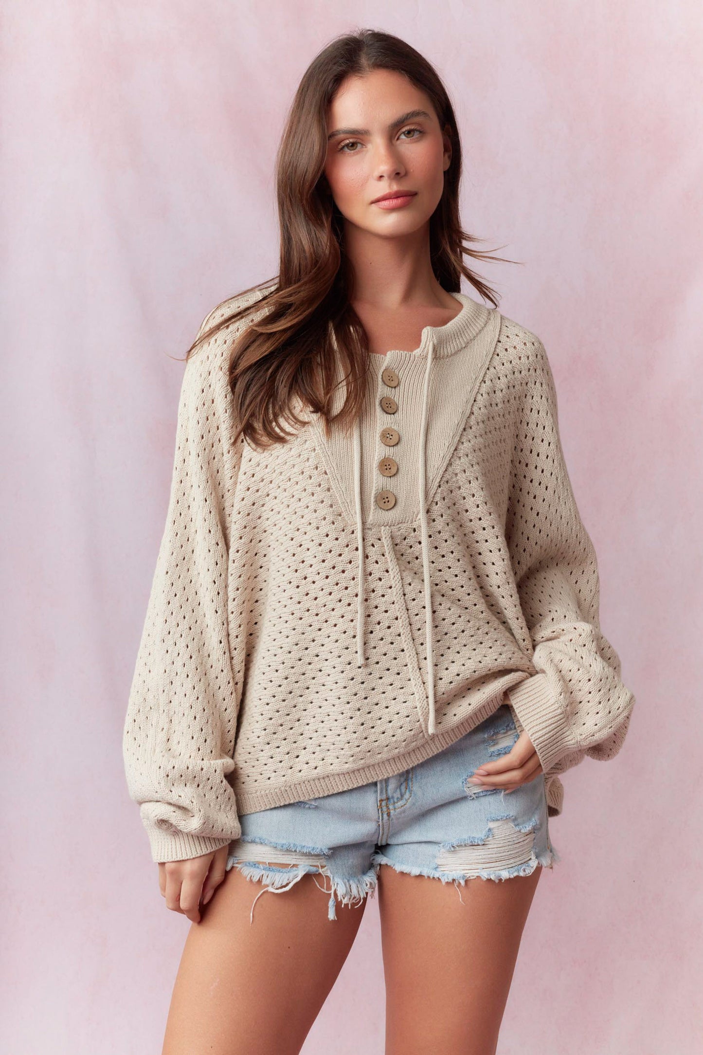 Henley Neck Dolman Sleeve Pull Over Sweater