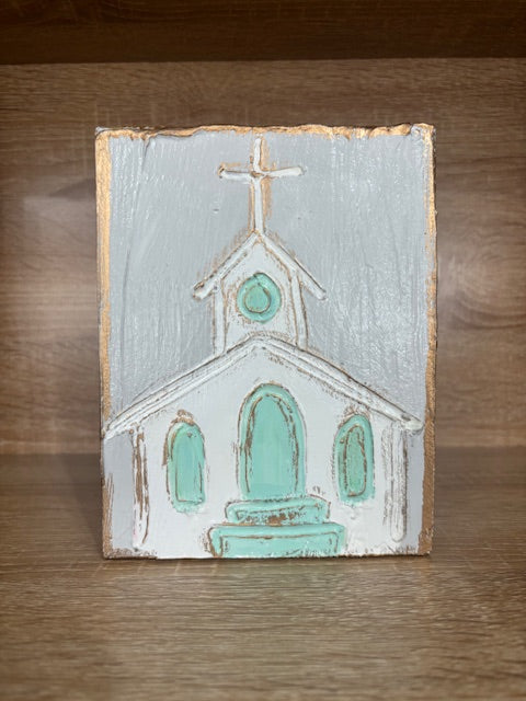 Church Hand Painted Textured Wood Block