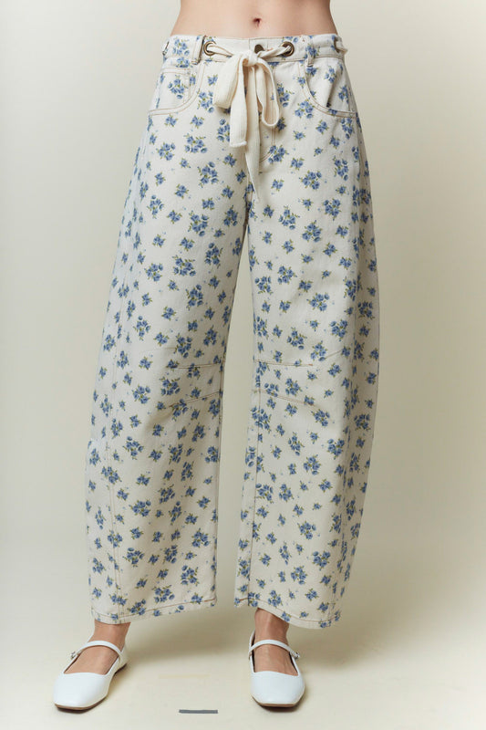 Floral Printed Waist Tie Detail Denim Pants