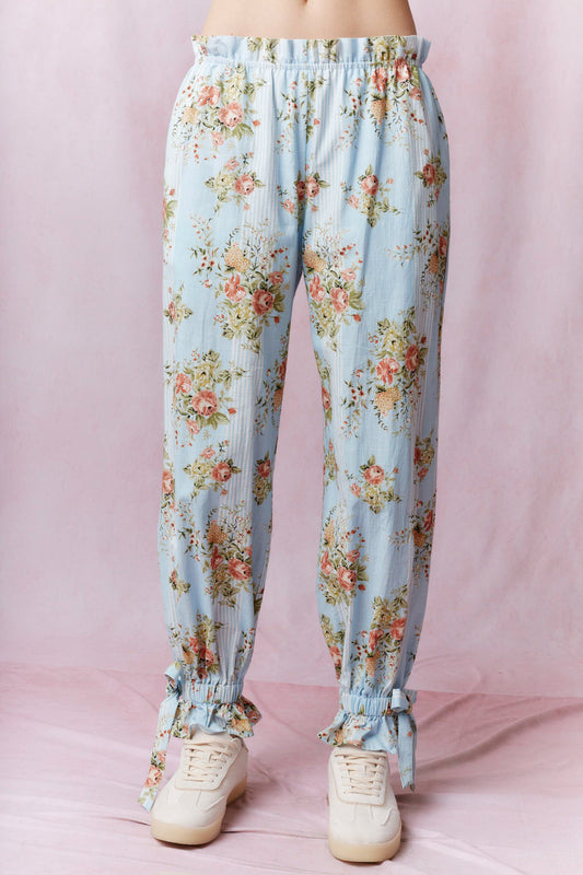 Floral Printed Ruffle with Tie Detail Pants