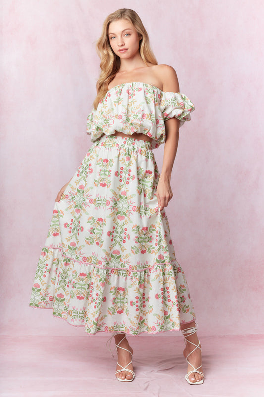 Floral Printed Cotton Linen Contrast Binding Detail Midi Skirt