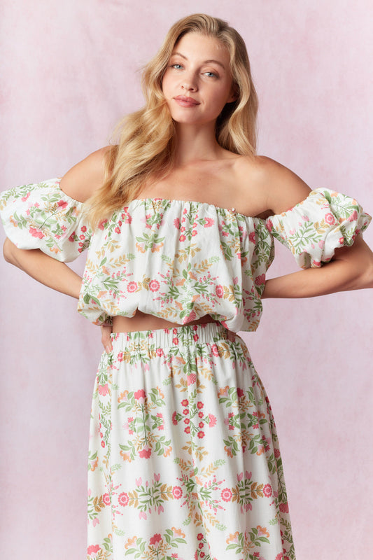 Off the Shoulder Floral Printed Cotton Linen Bubble Hem Top