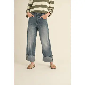 STRAIGHT LEG CUFFED HEM DENIM PANTS