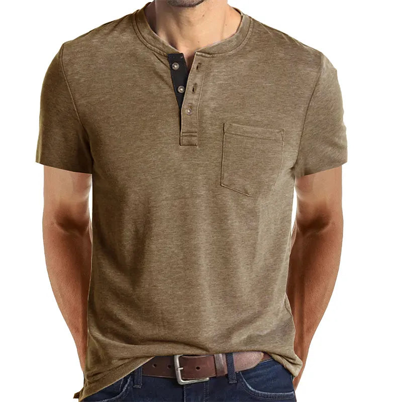 Men Casual Round Neck Button Short Sleeve Pocket Solid Color Polo T-Shirt