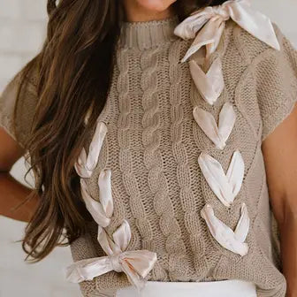 Taupe Cable Knit Colorblock Satin Bowknot Short Sleeve Sweater