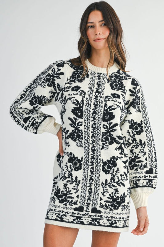 Jacquard floral printed sweater knit long balloon sleeve pull over mini dress.