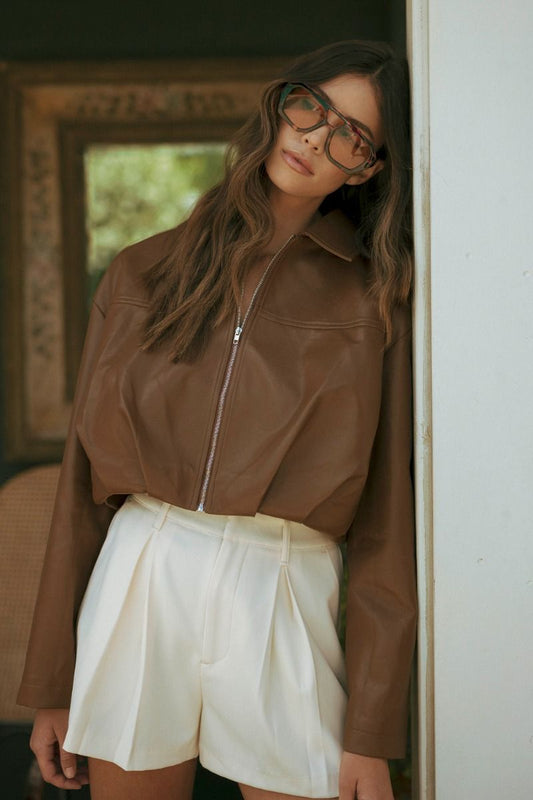 Faux leather collar pleated bubble hem cropped jacket