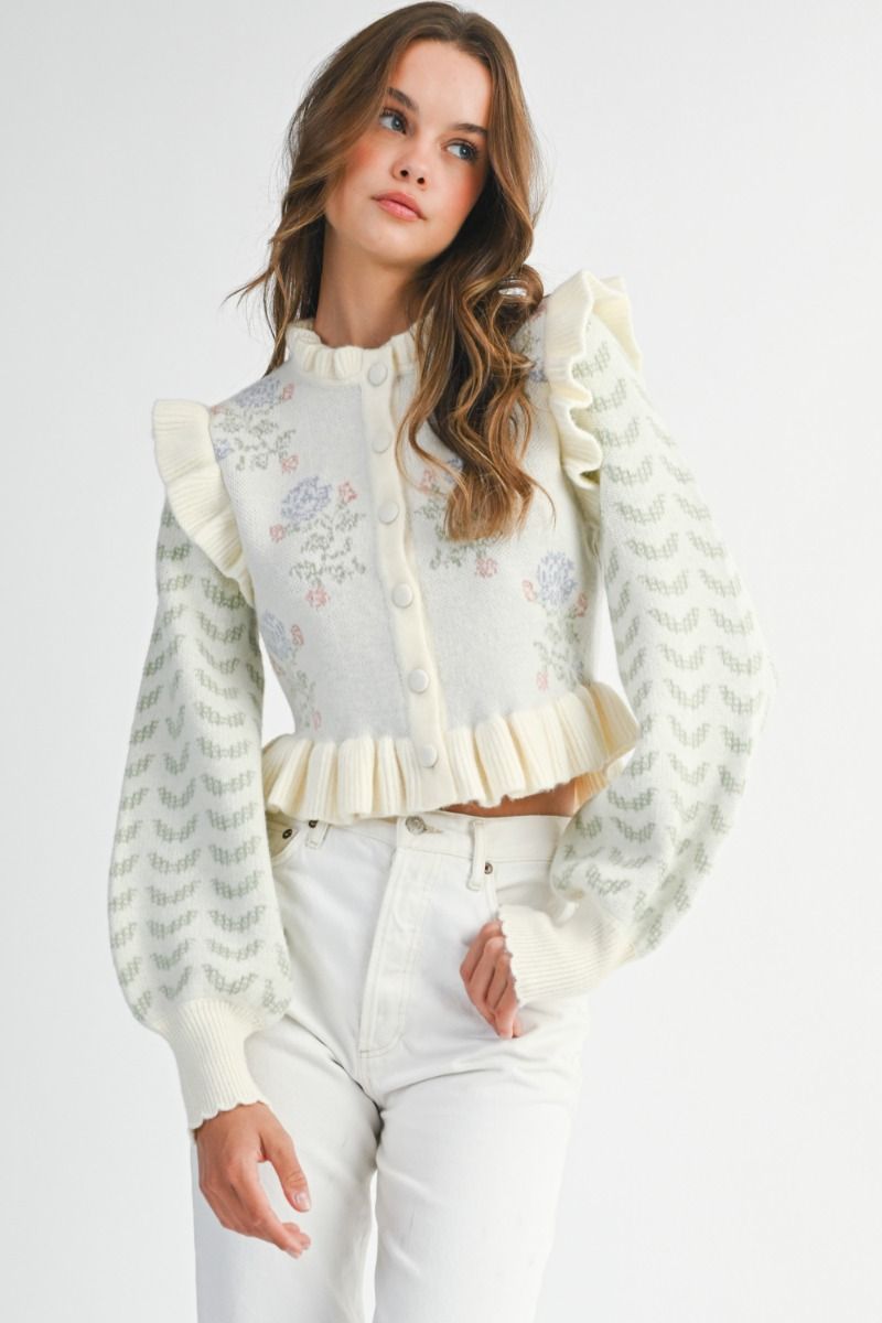 Floral printed ruffle detail balloon sleeve button down knit cardigan