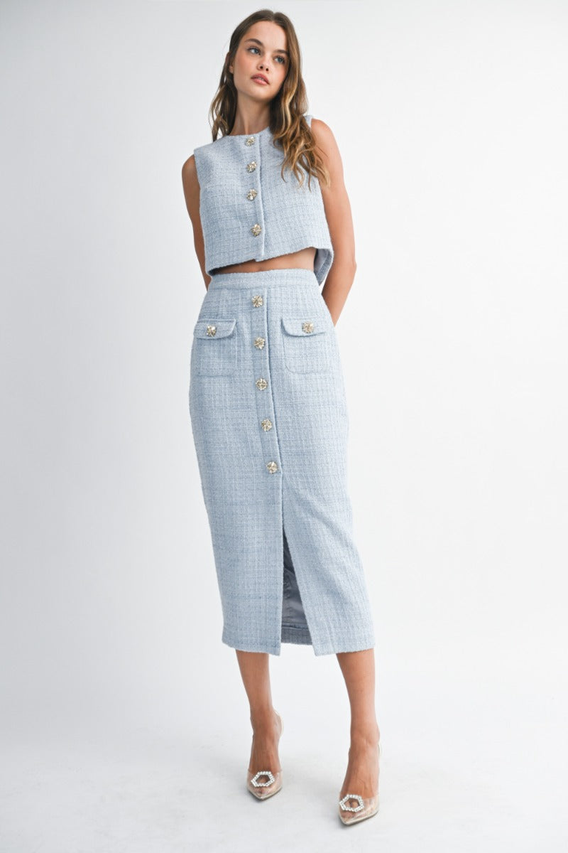 Sleeveless tweed rhinestone button down crop vest top and matching front slit midi skirt set