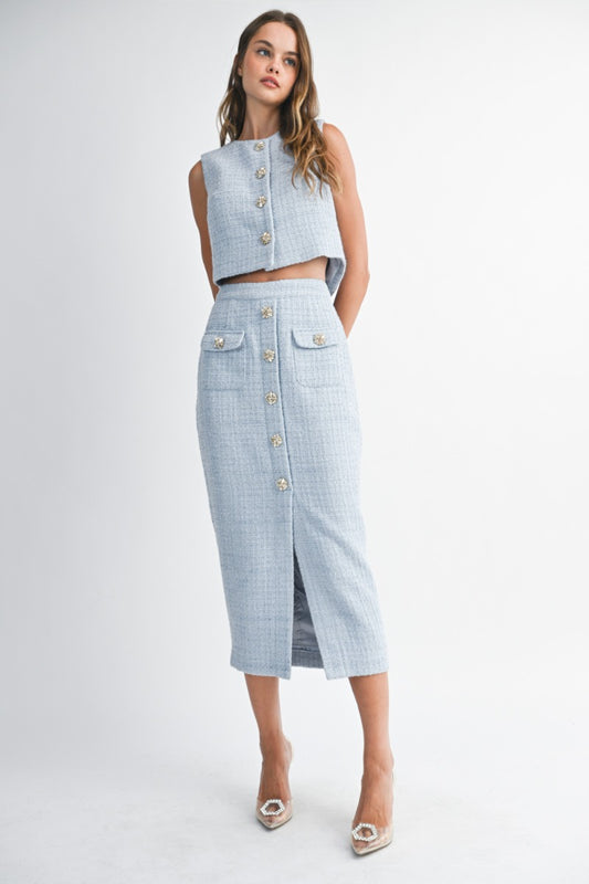 Sleeveless tweed rhinestone button down crop vest top and matching front slit midi skirt set