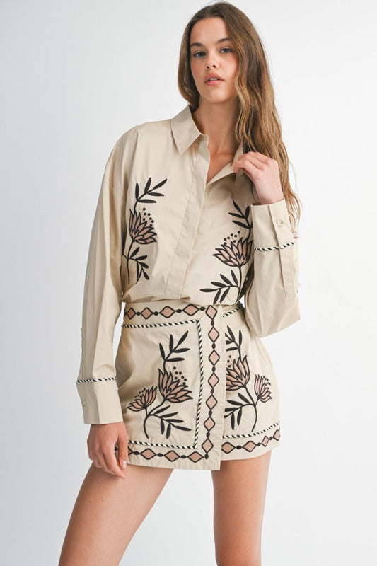 Long sleeve embroidered button down shirt and matching wrap style mini skirt set