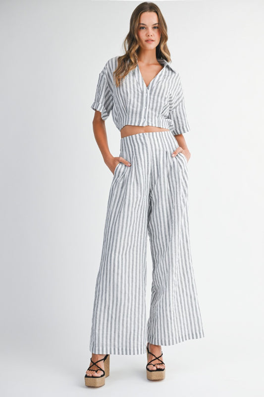 Striped Pants Set W/ Cuff Sleeve Top