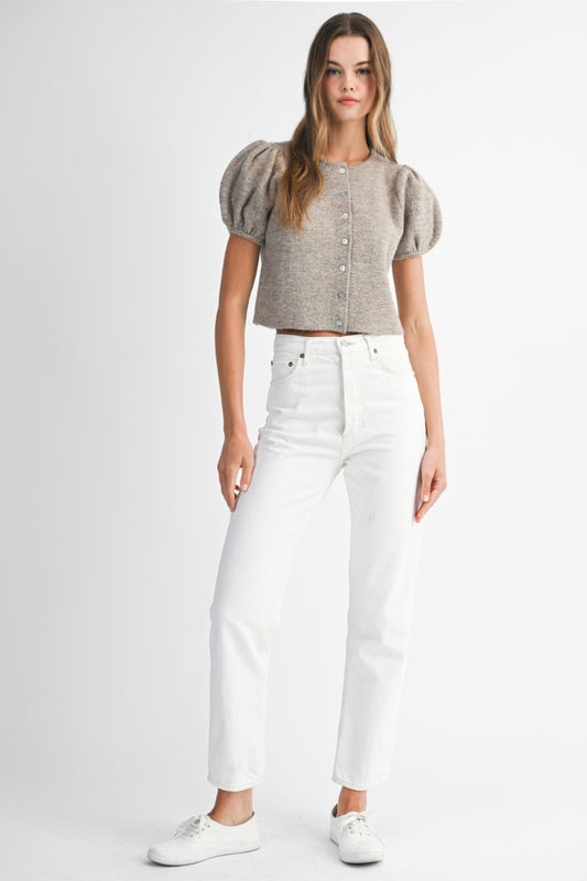 Puff short sleeve crew neck button down knit sweater cardigan.