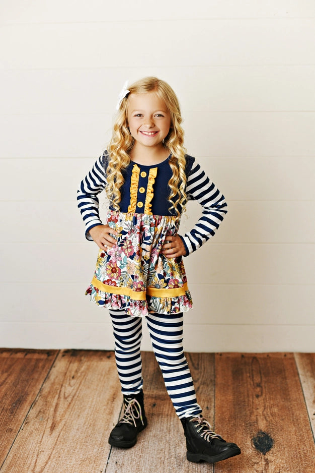 Kids Navy Floral Stripe Button Ruffle Set