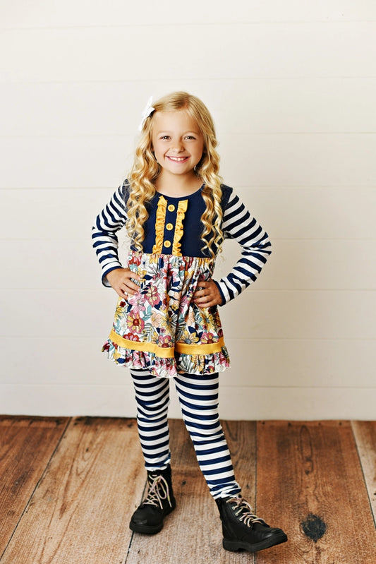 Kids Navy Floral Stripe Button Ruffle Set