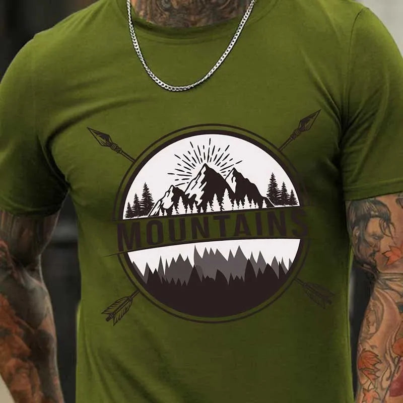 Men Fashion Casual Basic Forest Peak Letter Print Short Sleeve Round Neck T-Shirt