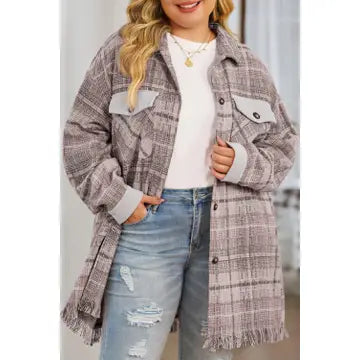 Plus Size Plaid Tassel Hem Coat