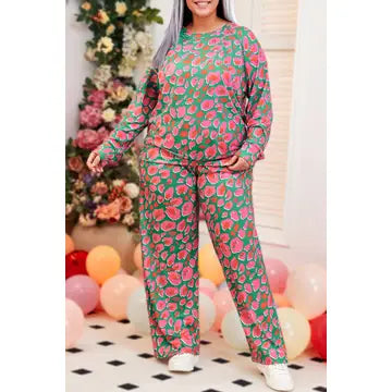 Plus Size Printed Long Sleeve and Long Pants Lounge Set