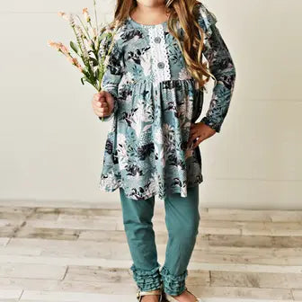 Kids Sage Green Floral Tunic Top & Legging Pants Set