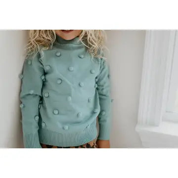 Kids Teal Pom Pom Fall Winter Crew Neck Sweater