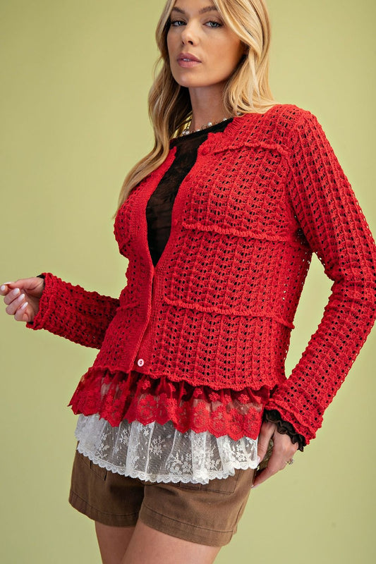 LACE BOTTOM KNITTED CARDIGAN