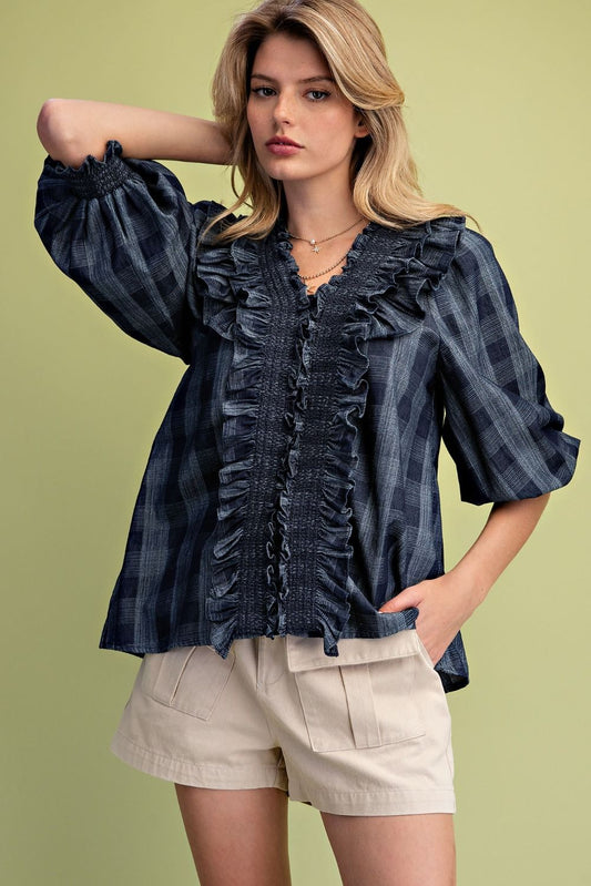 PLAID PATTERN DENIM BLOUSE