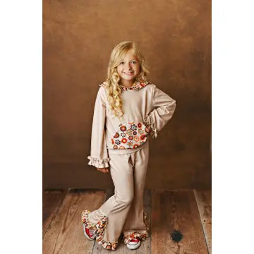 Kids Tan & Rust Retro Flower Print Hooded Ruffle Pocket Set