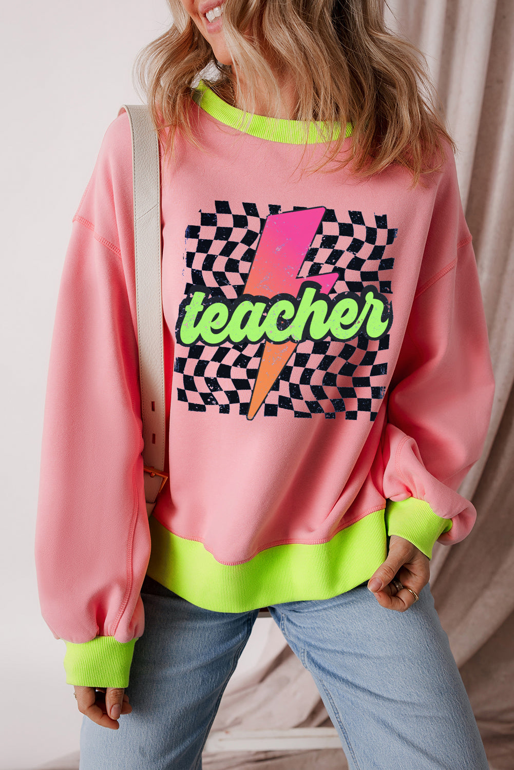 Teacher Lightning Checkered Print Color Block Sweatshirt