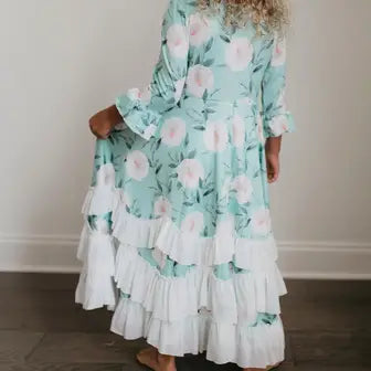 Kids Winter Mint Floral Long Sleeve Fall Ruffles Dress