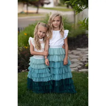 Kids Teal Ombre Tiered Tulle Fancy Party Skirt