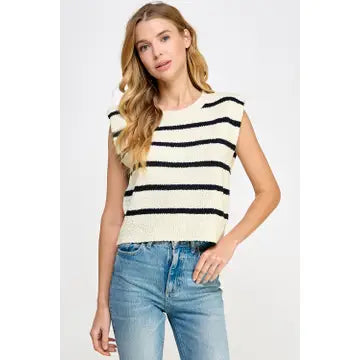 Shoulder Pad Sleeveless Textured Striped Knit Top